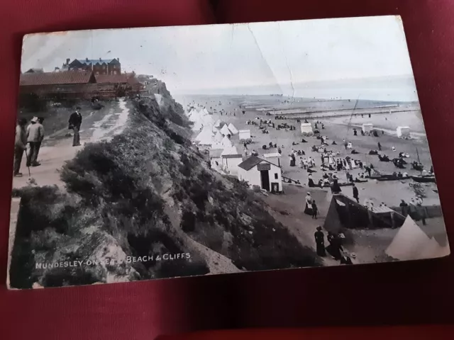 Old Photochrom postcard of Mundesley on Sea Beach & Cliff Norfolk posted 1905 AF