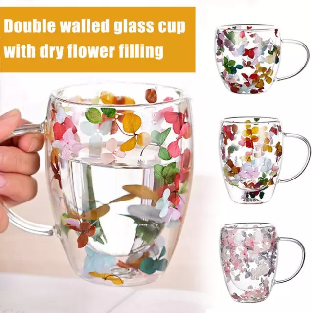 Clearance! VISALY Double Wall Insulated Glass Cup Dried Flower Mug With Handle Creative Transparent Coffee Cups Gift For Women Mom Female