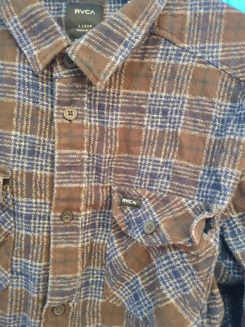 RVCA MEN L Brown & Blue Plaid Button Up Shirt Long Sleeve Regular Fit ...