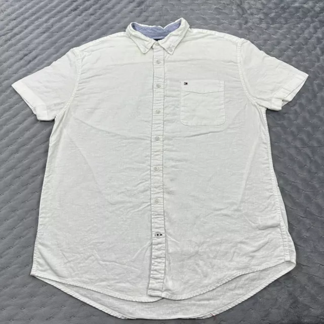 Tommy Hilfiger Shirt Mens XXL White Linen Cotton Short Sleeve Button Up Beach
