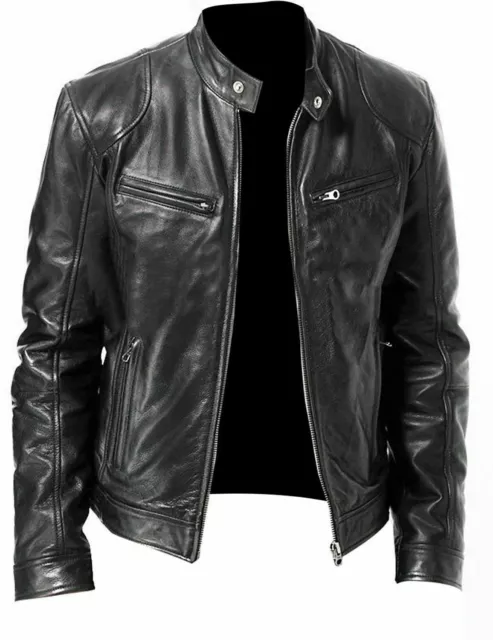 Herren Vintage Cafe Racer Schwarz Braunes Echtleder Slim Fit Echt Bikerjacke