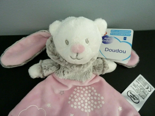 *. Doudou Plat Mots D'enfants Ours Rose Blanc Gris Capuche Lapin - 100% Neuf 2