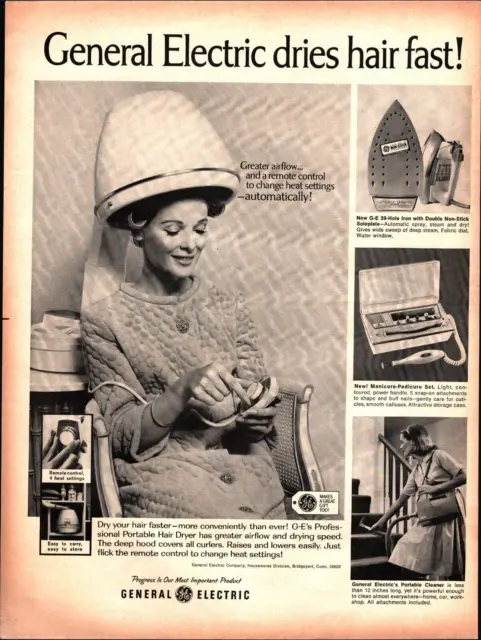General Electric Portable Hair Dryer 1967 Vtg Print Ad 10x13 Woman in Curlers a3