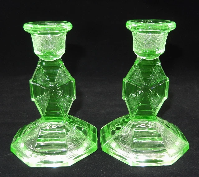 Vtg. Green Uranium Vaseline Art Deco Depression Glass Candlestick Holders Pair