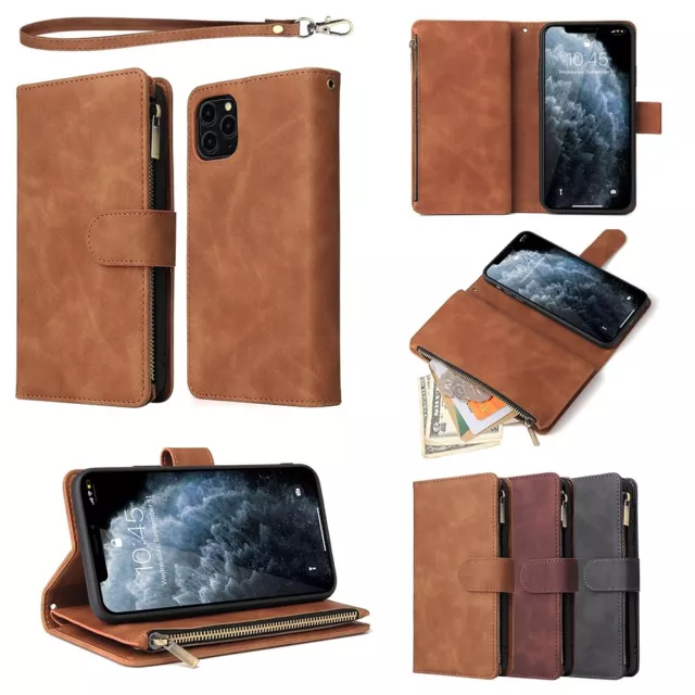 Leather Wallet Flip Case iPhone 14 13 12 11 8 7 SE XS XR Card Holder Strap Cover