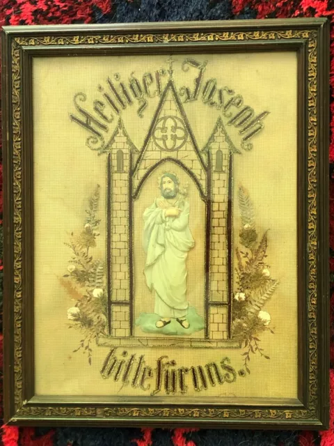 vor 1900 Klosterarbeit Heiligenbild Stickerei Edelweiß Wachs Heiliger Joseph