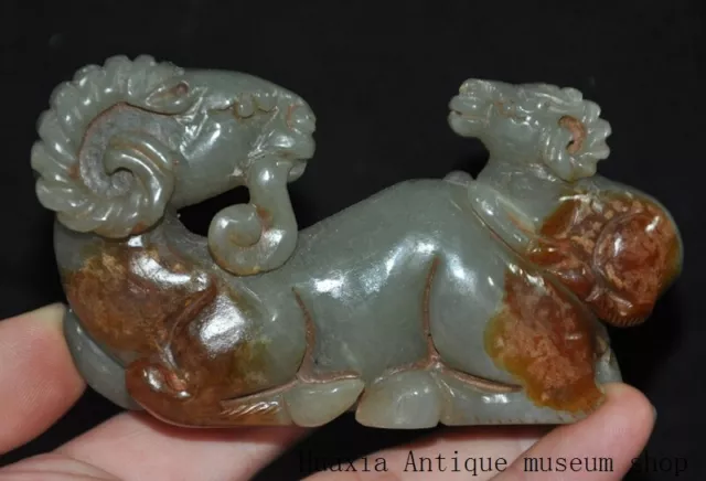 3.8"Collect exquisite Hetian jade hand-carved fengshui double sheep Statue