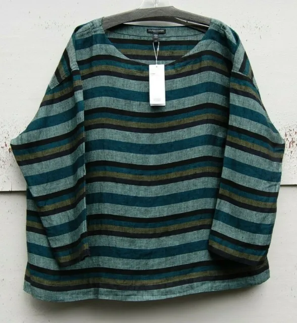 NWT Eileen Fisher TEAL Multi Stripe Organic Linen Bateau Neck Top 1X $238