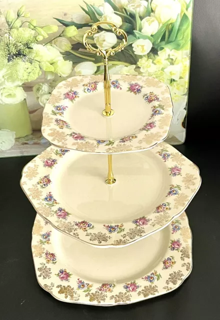 Beautiful Vintage H& K Tunstall Chintz Floral Large 3-tiered Cake Stand, England 3