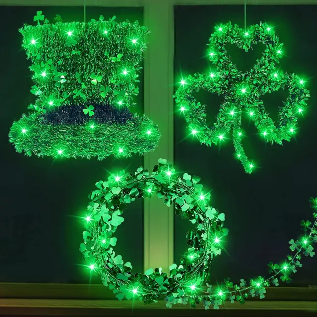 St.Patrick'S Day Decorations Lights Prelit 3Pack Tinsel Shamrocks St.Patrick'S D
