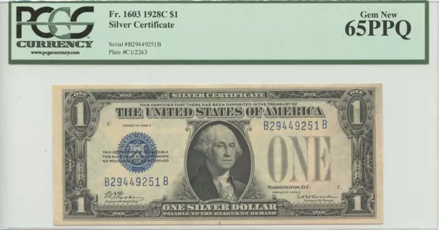 1928C Silver Certificate $1 Fr.1603 PCGS MS65 PPQ Gem New