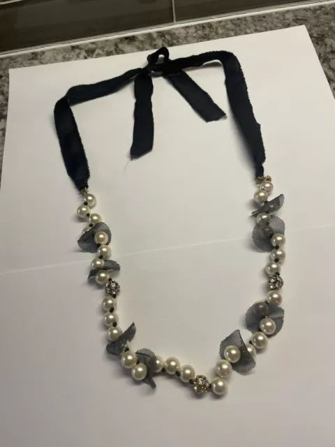 Signed J. Crew Black Ribbon Faux Pearl Bead Costume Necklace Beaded
