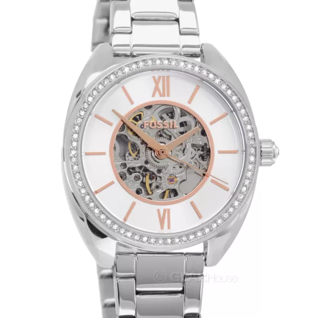 FOSSIL Vale Womens Automatic Glitz Watch, White Rose Gold Dial, Stainless Steel