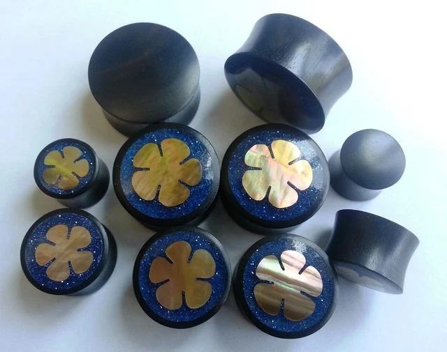 1 Pair Clove MOP Blue Metallic Glitter Resin Ebony Wood Saddle Ear Plugs Gauges