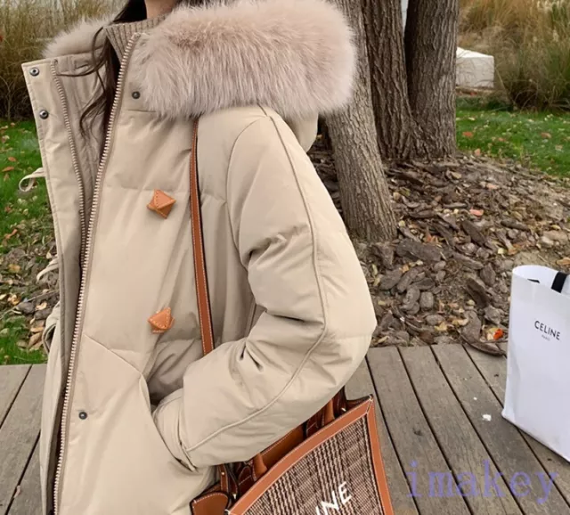 Women's Fox Fur Hooded Real Duck Down 90% Winter Snow Mid Long Coat Jacket Vogue