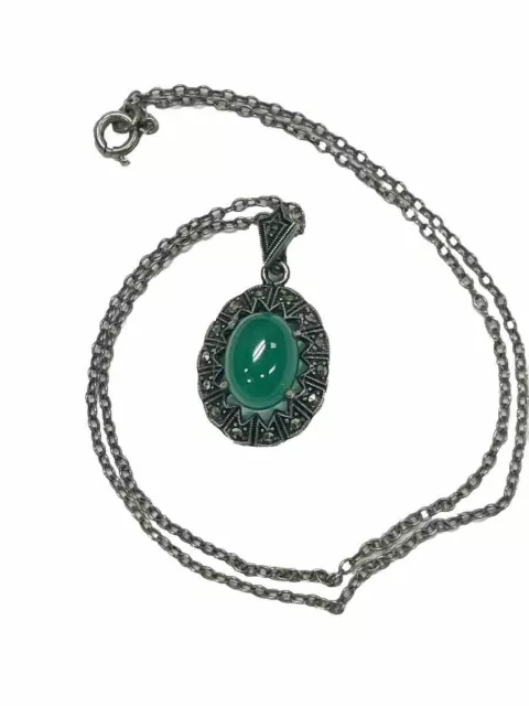 Vintage Art Deco Green Chrysoprase Marcasite 18” Sterling Silver Necklace