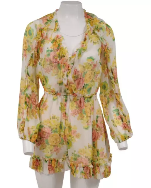 Zimmerman Women Floral Dress Size1 Yellow Pink Gold Silk Ruffled Playsuit Romper