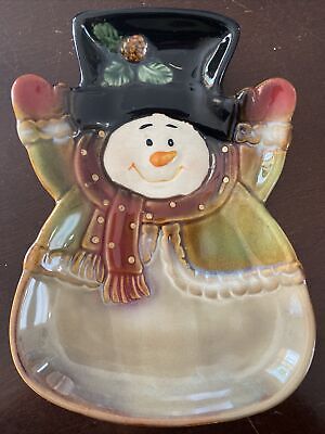 Ceramic Pottery Snowman  Candy Dish, Multi Color Christmas Serving Platter Brown