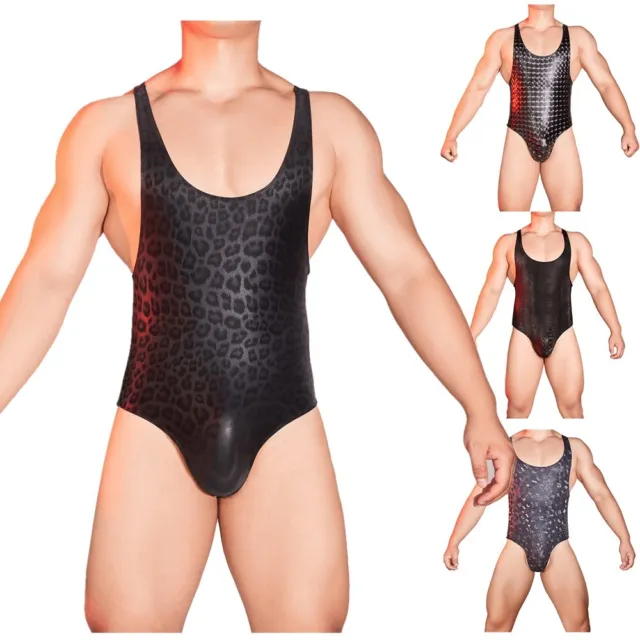 Mens Bodysuit Geometric/Leopard/Snakeskin Printed Leotard Bodycon Jumpsuit Sexy 3