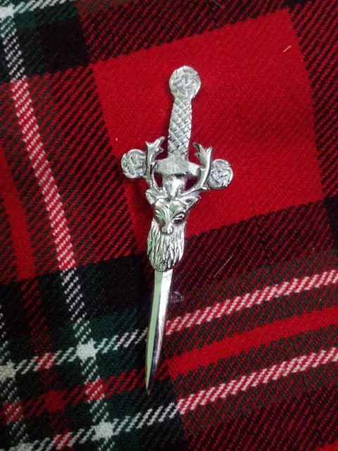 TC Celtic Kilt Pin Chrome Finish 4"/Highland kilt pin Stag Head Silver finish