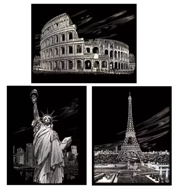 A4 Points de Repère Argent Gravure Art Kits Statue Liberty Tour Eiffel Colisée