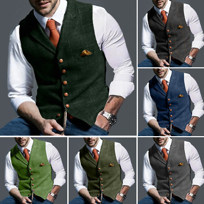 Men Retro Tweed Waistcoat Plaid Slim Fit Formal Wool Blend Herringbone Suit Vest