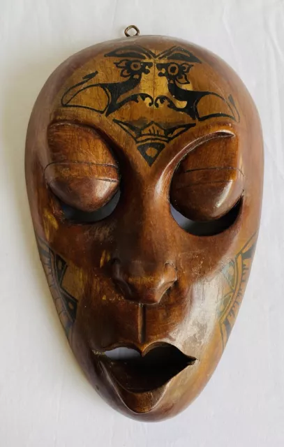 TRIBAL Maori Islander Warrior Wooden Hanging Wall Art Wood Carved Face Mask 25cm