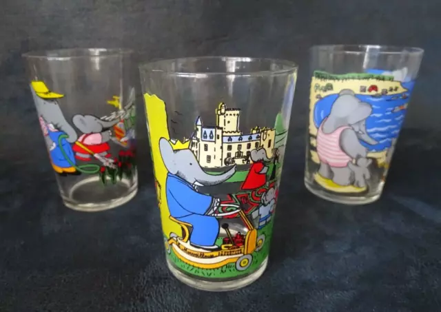 lot verres moutarde BABAR l'éléphant Télé Hachette Brunhoff rétro  vintage 70's