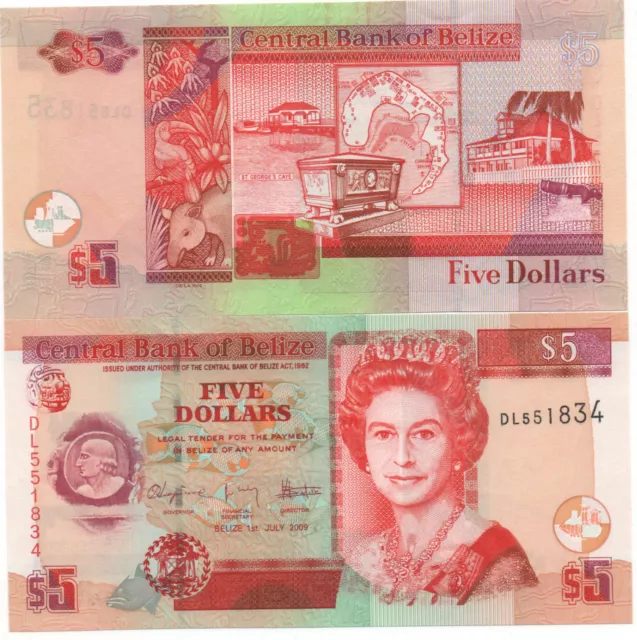 Belize 5 Dollars 2009 Pick 67 D Unc