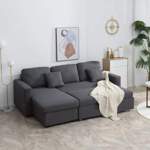 3 Seater Corner Sofa Bed w/ Storage Chaise Lounge L Couches for Living Room Grey