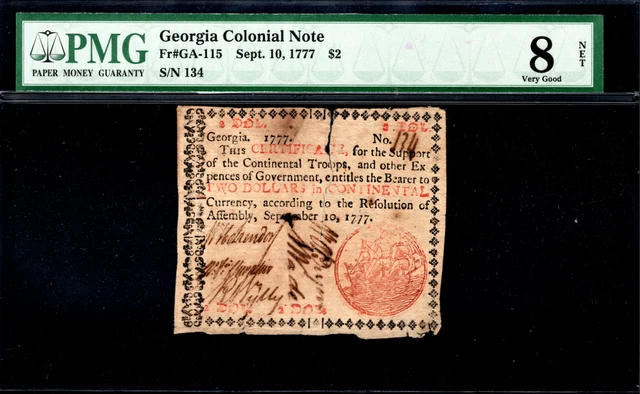Georgia Colonial Note Fr#GA-115 September 10, 1777 $2 PMG 8 *11 Known*