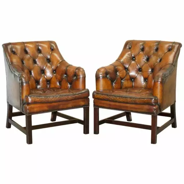 Pair Of Rrp £10400 George Smith Restored Brown Leather Occasional Armchairs Desk