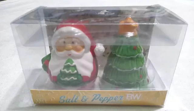 Christmas Tree & Santa Salt & Pepper Shaker Set Holiday Boston Warehouse New