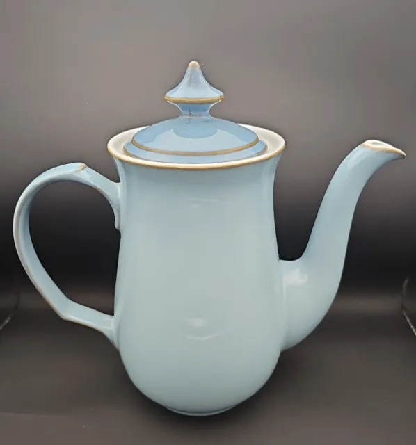 Vintage Denby Colonial Blue Coffee Pot Stoneware 2 Pints Light Blue Brown Rim