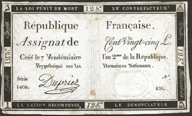 France - Directoire - Assignat de 125 livres - 7 vendémiaire l'an 2 ! Dupriez