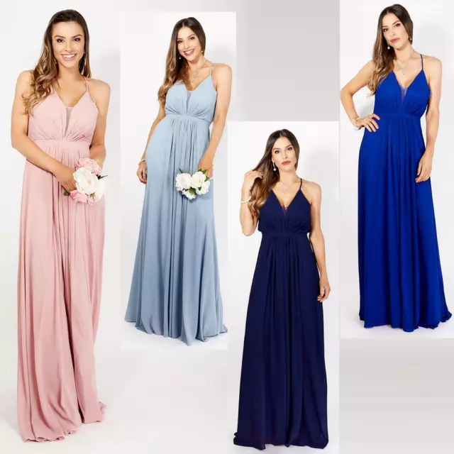 Women Halter Chiffon Maxi Dress Open Back Evening Long Gown Bridesmaid Prom Ball