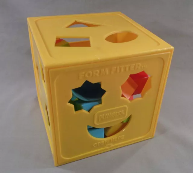 Vintage Playskool Yellow Form Fitter Shape Sorter Cube w/ 18 Shapes