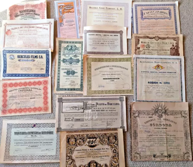 Spain / Espana: 16 different Bond and Share certificates, from 1899 to 1970ies