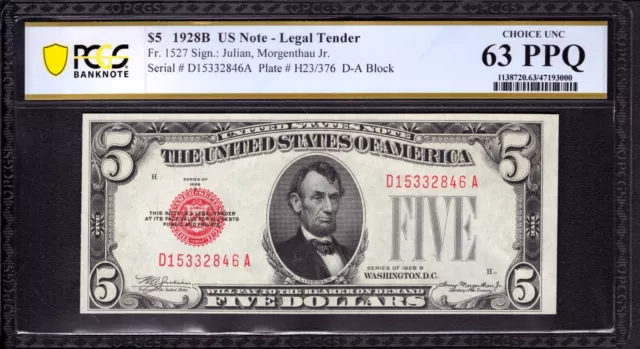 1928 B $5 Legal Tender Red Seal Note Fr.1527 Da Block Pcgs B Choice Unc 63 Ppq