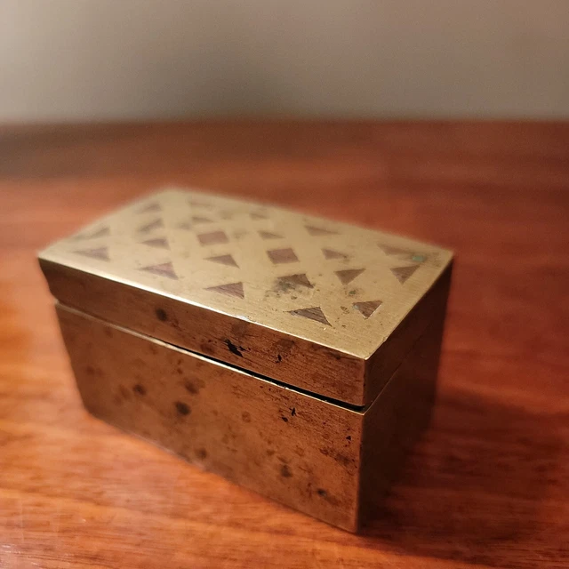 Antique East Indian Small Copper Inlaid Brass Betel Nut Box
