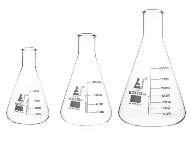 Conical Erlenmeyer Flasks Lab Glassware Borosilicate 3.3 Glass Various Sizes 2