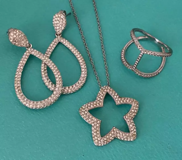 Nadri Crystal Silver Jewelry Lot Star Necklace Teardrop Dangle Earrings & Ring