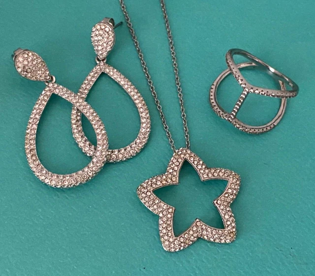 Nadri Crystal Silver Jewelry Lot Star Necklace Teardrop Dangle Earrings & Ring