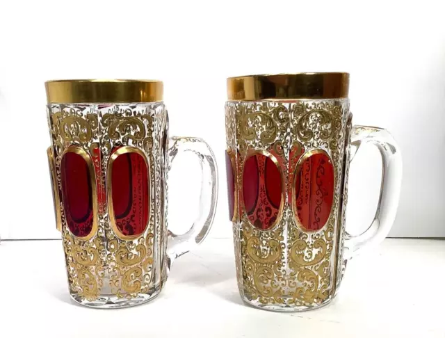 Antique Bohemian Moser Red Cabochon Set Of 2 Enameled Wine Glass Mugs