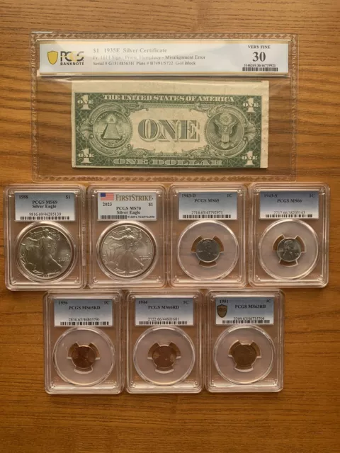 PCGS MS70 $1 Silver Eagle Error Silver Certificate Lincoln Indian Cent Wheat
