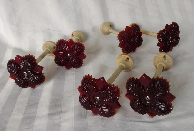 6 Antique Victorian Ruby Red Glass Flower Curtain Tie Backs 2