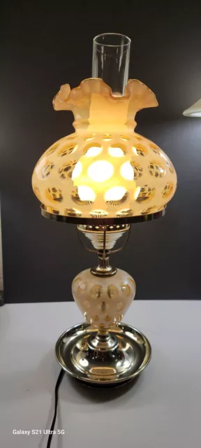 Fenton Honeysuckle Opalescent Coin Dot Ruffled Student Glass Lamp