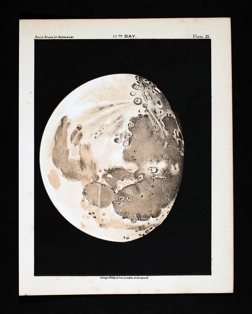 1892 Ball's Astronomy Print Moon 11th Day Waxing Gibbous Lunar Crater Map 35 Key