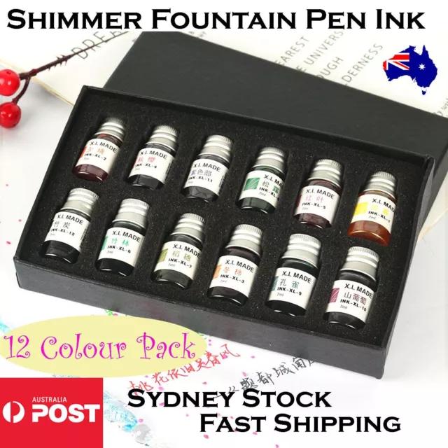 12 Shimmer Color Ink Set For Glass Dipping Fountain Calligraphy Pen Gift Pack AU