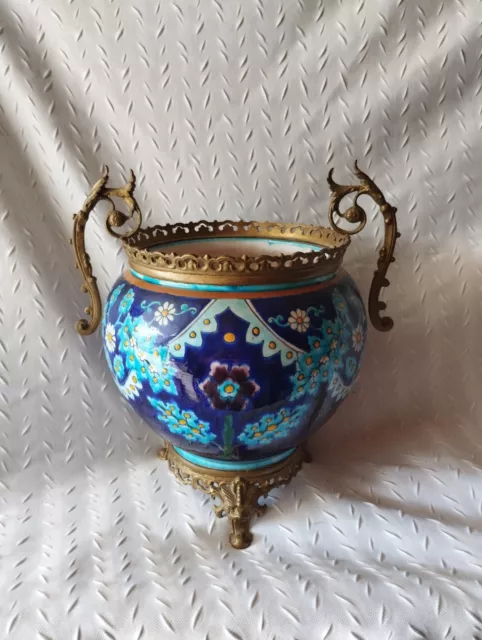 Ancien Pot Céramique Et Bronze Cache Pot XIX Ème Signé A Authentifier Jardinière 2
